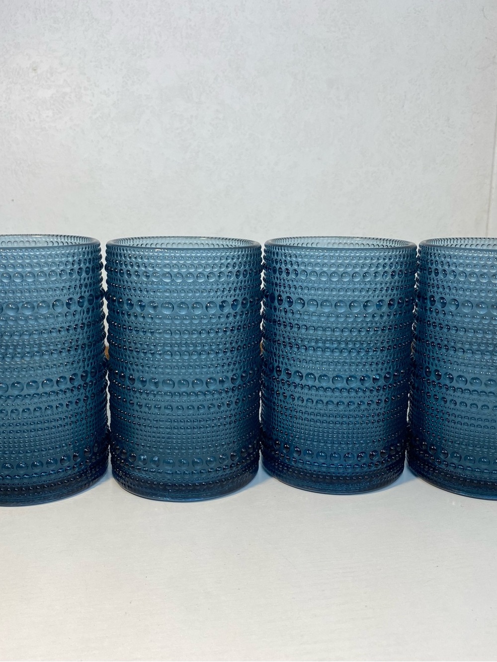 12oz Green Blue Highball Glasses, Set of 4, Thick Beaded Textured Glass